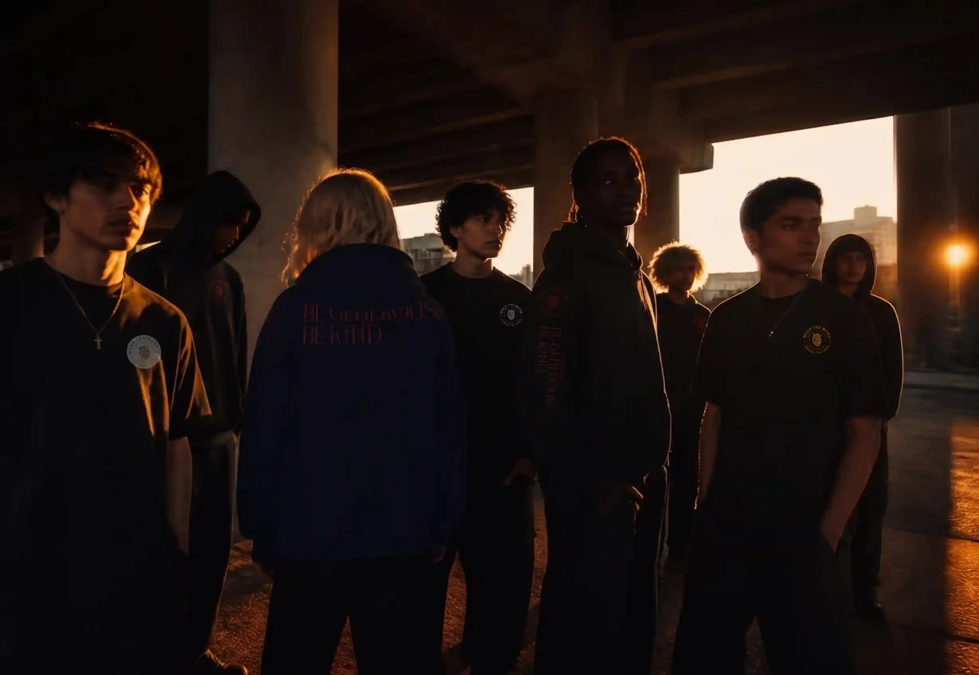 Group wearing Epics of the Gospel graphic hoodies and tees
